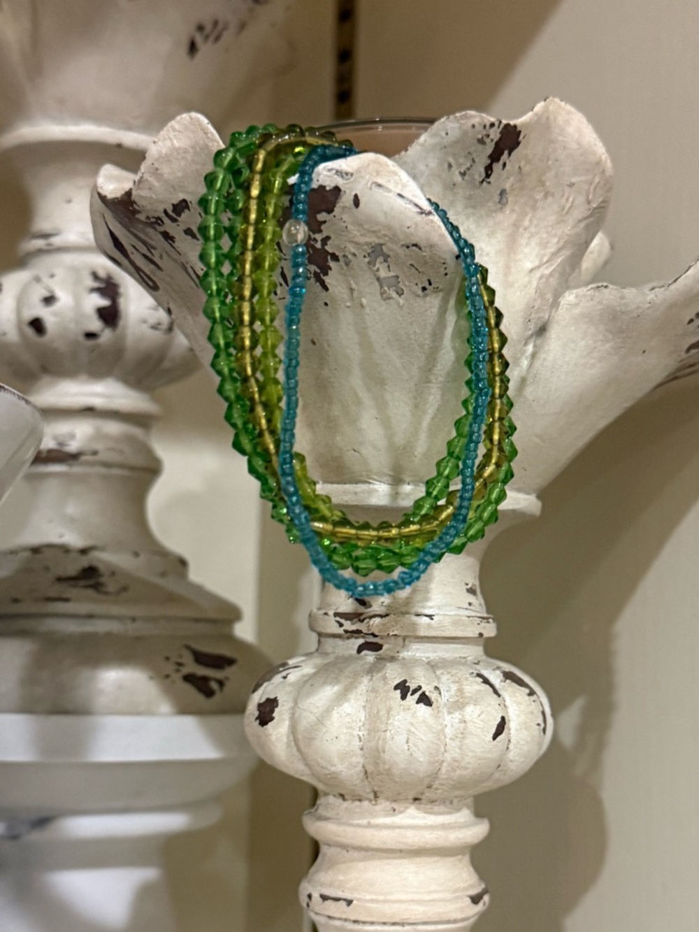 Set of 5 Green and Teal Stretchy Dainty Bead Bracelet